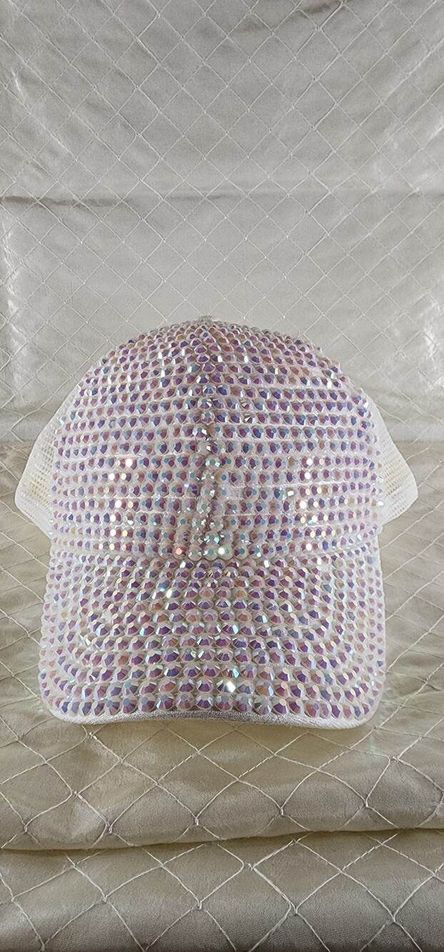 White AB Rhinestone Trucker Hat Iridescent Bling Mesh Snapback Baseball Cap